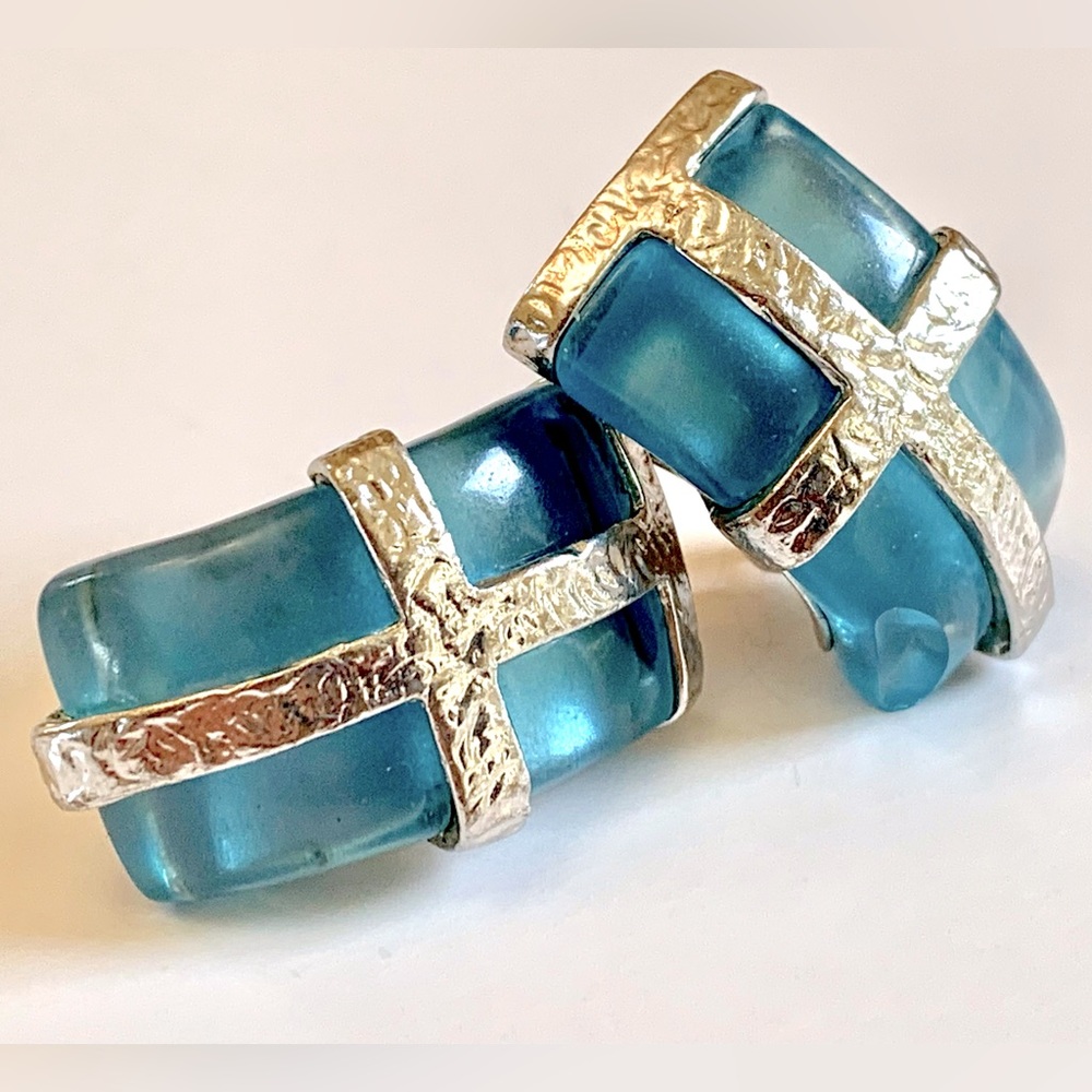 Vintage Blue Lucite or Glass Clip On Earrings Silver Cross Detail Made in Italy